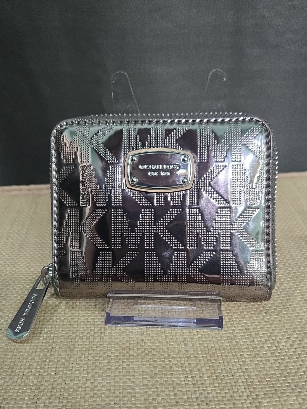 Like-New! Michael Kors Metallic Silver Logo Zip-Around Wallet